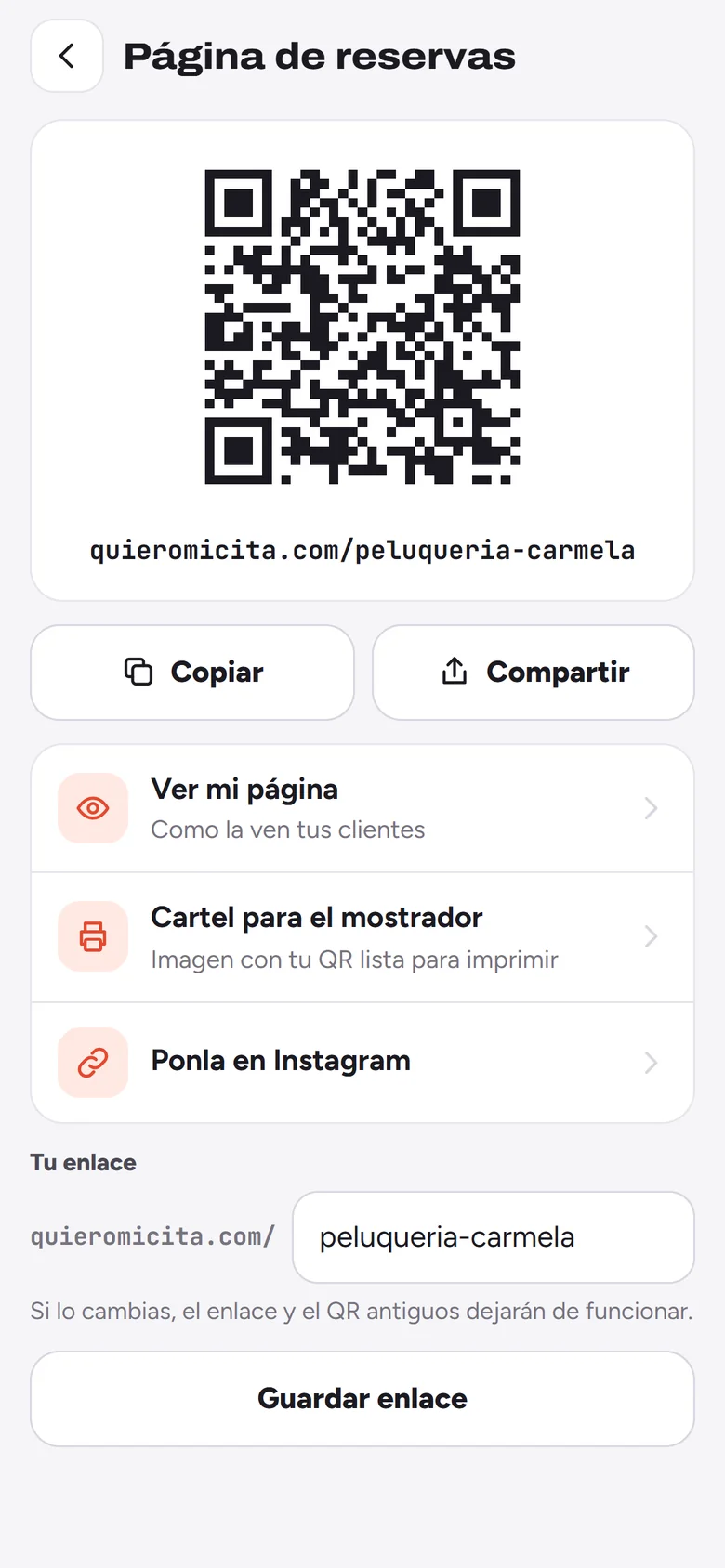 Enlace y QR del salón